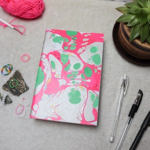 A5 Handmade Mix Media Blank Marbled Sketchbook - Blank Notebooks, Blank Sketchbooks, Hot Pink, Silver, Green