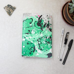 A5 Handmade Mix Media Blank Marbled Sketchbook - Blank Notebooks, Blank Sketchbooks, Black, Silver, Green