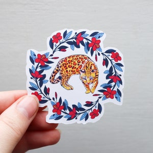 Ocelot dans circle of Hibiscus Flowers Matte Vinyl Sticker