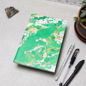 A5 Handmade Mix Media Blank Marbled Sketchbook - Blank Notebooks, Blank Sketchbooks, Gold, Green