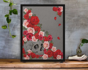 Skull & Roses Digital Art Print, Printable art, Digital Download, Wall art, Home decor