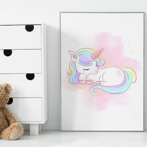unicorn print art, Sleeping Unicorn , Printable art, Digital art, Unicorn theme for kids room