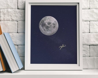 Art Print, Mond und Astronaut Kunst, druckbare Kunst, Weltraum Thema, Digital Art, Mond