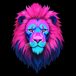 Vibrant Neon Pink and Blue Lion PNG – Digital Download for T-Shirts, Posters, and More!