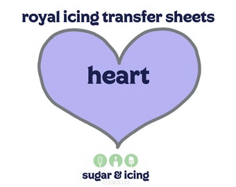 May include: Royal icing transfer sheets for cookies, featuring a heart shape with the word "heart" in navy blue text on a light purple background. The text "sugar & icing cookie co." is below the heart.