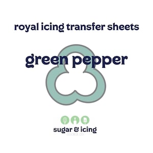 May include: Royal icing transfer sheets for decorating cakes and cookies. The design is a green pepper shaped like a three-leaf clover. The text "green pepper" is in navy blue. The text "sugar & icing cookie co." is in navy blue.
