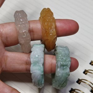 Hand-Carved Dragon Jade Rings – Natural Quartz, Honey Jade, and Green Jade