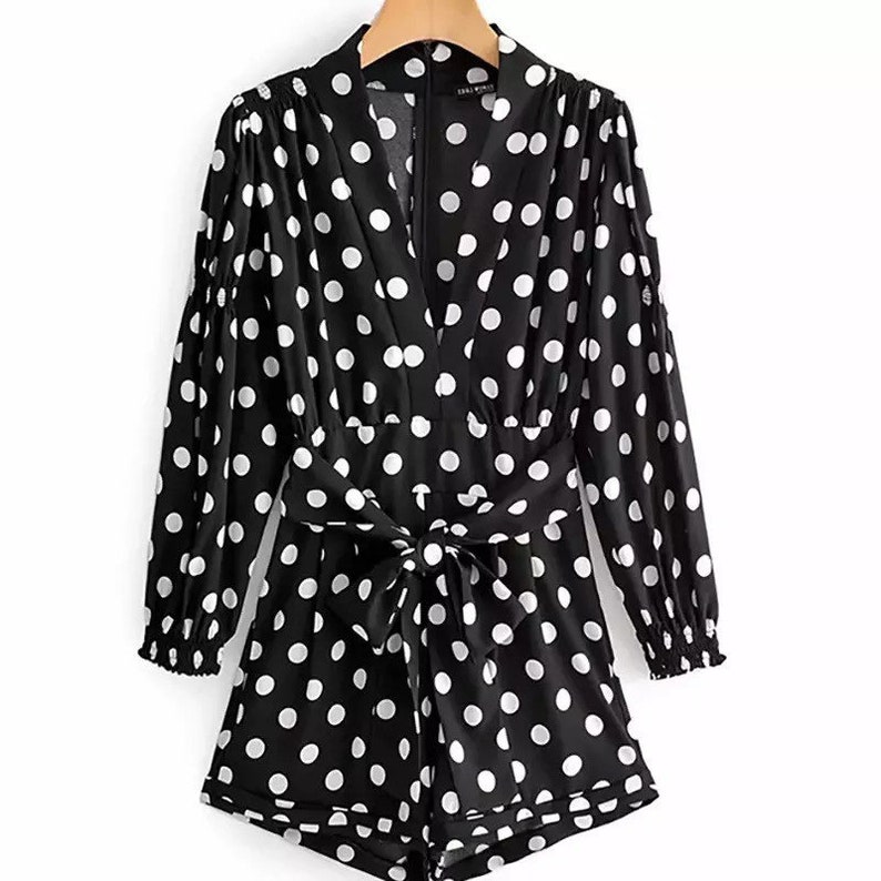 Romper with Belted Tunic Long Sleeves Jumpsuit Women Jumpsuit High Street Fashion Summer Outfit Women Polka Dot Romper