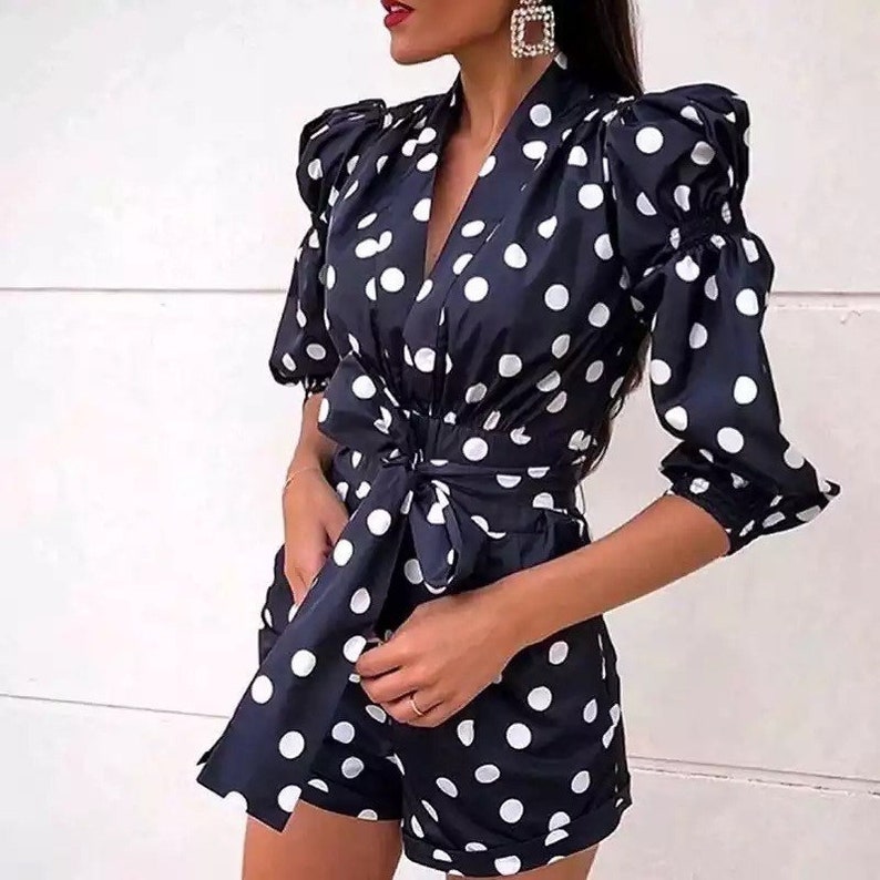Romper with Belted Tunic Long Sleeves Jumpsuit Women Jumpsuit High Street Fashion Summer Outfit Women Polka Dot Romper