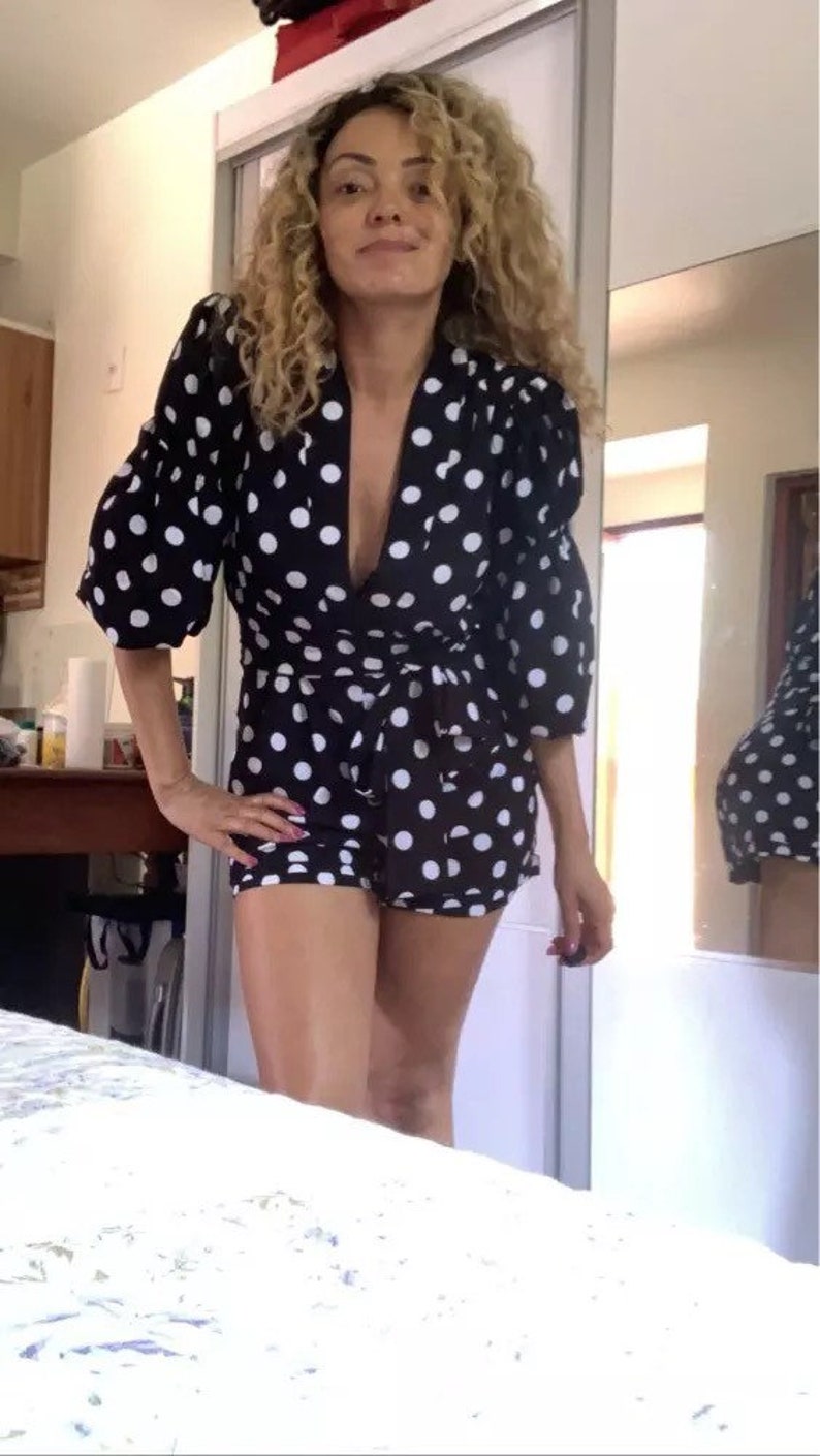 Romper with Belted Tunic Long Sleeves Jumpsuit Women Jumpsuit High Street Fashion Summer Outfit Women Polka Dot Romper
