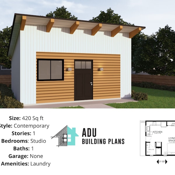420 kvadratfot | Byggplaner för studiohus till salu | PDF- och CAD-filer | Direktnedladdning