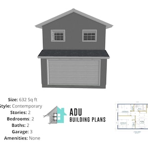 632 square foot | 2 Bed 1 Bath Above Garage House Design Plans For Sale | PDF & DWG Files | Instant Download