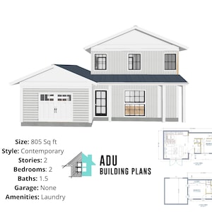 805 square foot | 2 Bed 1.5 Bath House Design Plans For Sale | PDF & DWG Files | Instant Download