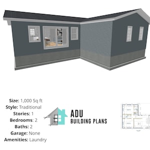 1.000 vierkante voet | Ontwerpplannen voor 2 slaapkamers en 2 badkamers te koop | PDF- en DWG-bestanden | Directe download
