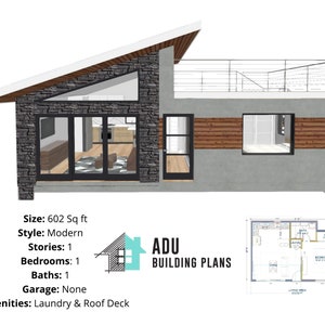602 square foot | 1 Bed 1 Bath With Roof Deck House Design Plans For Sale | PDF & DWG Files | Instant Download