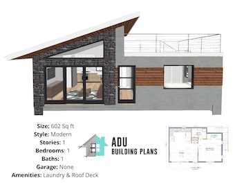 602 square foot | 1 Bed 1 Bath With Roof Deck House Design Plans For Sale | PDF & DWG Files | Instant Download