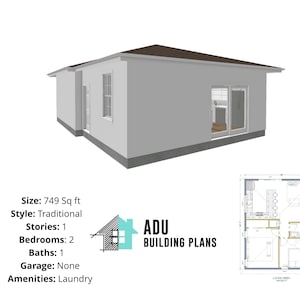 749 square foot | 2 Bed 1 Bath House Design Plans For Sale | PDF & DWG Files | Instant Download