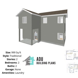 999 vierkante voet | Ontwerpplannen voor 2 slaapkamers en 2 badkamers te koop | PDF- en DWG-bestanden | Directe download