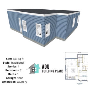 748 square foot | 2 Bed 1 Bath House Design Plans For Sale | PDF & DWG Files | Instant Download