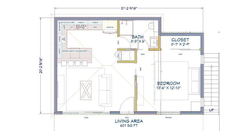 601 square foot PDF /& DWG Files 1 Bed 1 Bath House Design Plans For Sale Instant Download