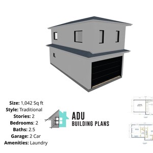 1,042 square foot | 2 Bed 2.5 Bath House Design Plans For Sale | PDF & DWG Files | Instant Download