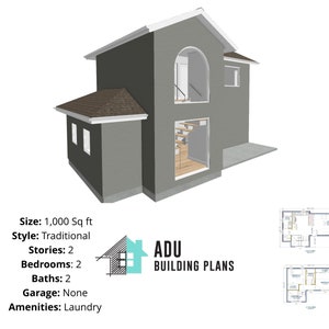 1.000 vierkante voet | Ontwerpplannen voor 2 slaapkamers en 2 badkamers te koop | PDF- en DWG-bestanden | Directe download