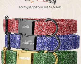 Bandana Personalized Dog Collar, Western Paisley Pet Collar, Engraved Buckle, Handmade Dog Collar, Cowboy Gift for Dog Lovers