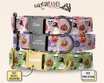 Halloween Dog Collar Personalized, Handmade Custom Engraved Buckle Pet Collar, Optional Matching Leash, Spooky Ghost Pumpkin Skull Design