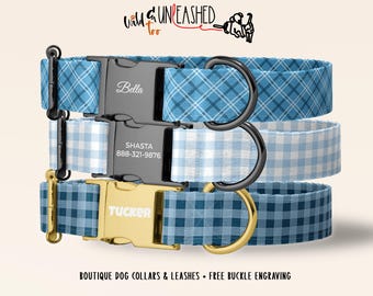 May include: Three dog collars with blue plaid patterns and personalized buckles. The top collar has a black buckle engraved with Bella. The middle collar has a black buckle with Shasta and 888-321-9876. The bottom collar has a gold buckle with Tucker.