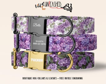 Lilac Floral Personalized Dog Collar, Custom Pet Collar, Purple Flower Design, Engraved Buckle, Spring Dog Accessory, Leash Option