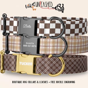 Chocolate Brown Plaid and Check Pattern Collar, Personalized Gingham Collar w/ Engraved Buckle, Handmade Boutique Accessory, Optional Leash