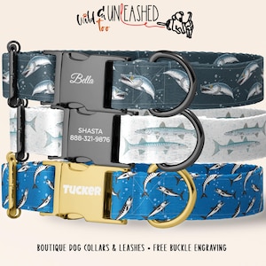 Barracuda Personalized Dog Collar, Custom Engraved Metal Buckle, Ocean Fish Pattern for Pets, Handmade Collar for Dog Lovers, Optional Leash