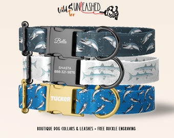 Barracuda Personalized Dog Collar, Custom Engraved Metal Buckle, Ocean Fish Pattern for Pets, Handmade Collar for Dog Lovers, Optional Leash