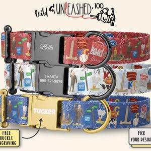 a collage of three colorful dog collars with various designs and patterns, including a red collar with a baseball motif, a black collar with a cartoon character, and a blue collar with a cityscape design.