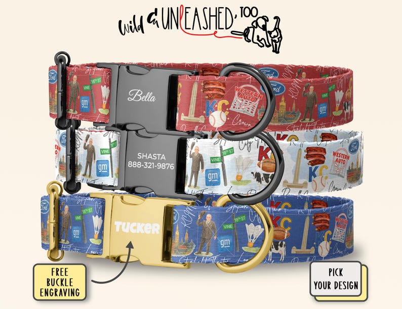 a collage of three colorful dog collars with various designs and patterns, including a red collar with a baseball motif, a black collar with a cartoon character, and a blue collar with a cityscape design.