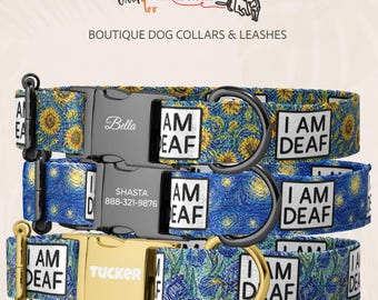 Van Gogh Inspired Deaf Dog Collar, Personalized Starry Night Pet Collar, Engraved Buckle, Sunflower & Iris Artistic Safety Gift for Dog Mom