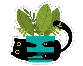 Black Cat, Teal Garden Planter, House Plants, Black Cat Sticker, Indoor Plant, Cute Cat Decal, Planner Sticker, Laptop Decal, Kitten Sticker