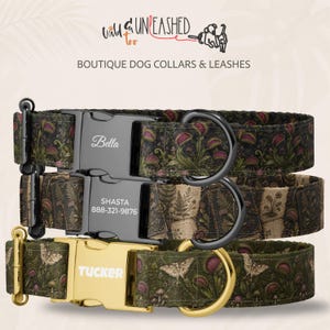 May include: Three dog collars with botanical prints featuring Venus flytraps and moths. Two collars have black buckles, one engraved with Bella and one with SHASTA 888-321-9876. The third collar has a gold buckle engraved with the name TUCKER.