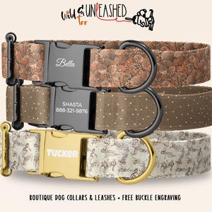 Brown Cottagecore Dog Collar, Personalized Buckle, Pinecone Polkadot Music Fabric Dog Collar, Custom Adjustable Collar Gift for Dog Lovers