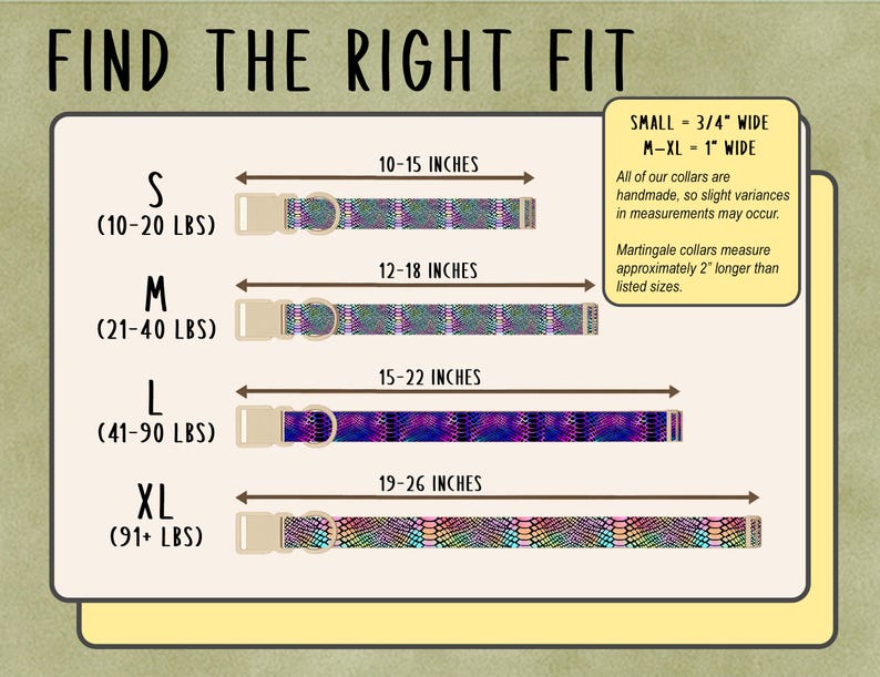 The image is a guide or diagram that provides measurements and corresponding collar sizes for different collar types, such as S, M, L, and XL.