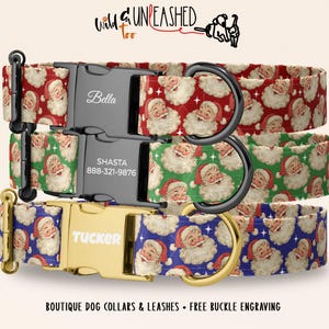 Retro Santa Face Personalized Dog Collar, Vintage Santa Dog Collar, Custom Engraved Buckle, Christmas Pet Collar, Holiday Dog Collar