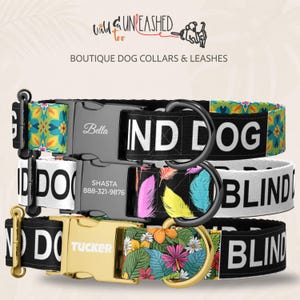 May include: Three dog collars stacked vertically. The top collar has a teal floral pattern and black buckle with the name Bella. The middle collar is white with black text reading BLIND DOG and a black buckle with Shasta and 888-321-9876. The bottom collar has a colorful floral pattern and gold buckle with the name Tucker.
