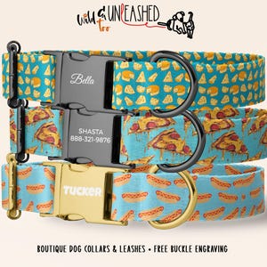 Cheese Pizza Hot Dog Personalized Dog Collar, Pet Collar with Engraved Metal Buckle, Game Night Snacks Pattern, Optional Matching Leash