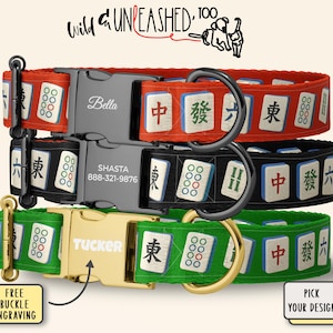 Mahjong Personalized Dog Collar, Handmade Pet Collar w/ Custom Engraved Metal Buckle, Chinese Game Tiles, Game Night Outfit + Optional Leash