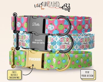 May include: Three pet collars with festive patterns. The top collar is pink with ornaments, the middle is white with snowflakes and the text MERRY and BRIGHT, and the bottom is green with ornaments. Each features a buckle with engraved names.