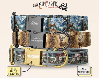 Hunting Personalized Dog Collar, Deer Elk Duck Wildlife Print Pet Collar, Engraved Metal Buckle, Outdoorsman Gift