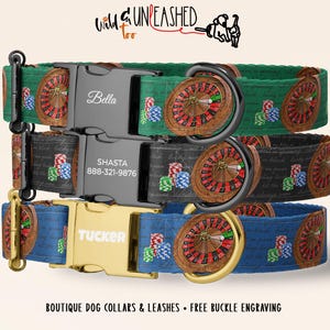 Roulette Personalized Dog Collar, Pet Collar with Engraved Metal Buckle, Casino Game Night Theme, Lucky Spin Poker Chips Design