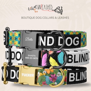 Bright Boho Chic Personalized Blind Dog Collar, Handmade Safety Awareness Collar, Custom Metal Buckle, Retro Floral, Feather Aztec Accessory