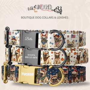 French Bulldog Seasonal Dog Collar Set, Patriotic, Pumpkin Patch & Christmas Pet Collar, Personalized Engraved Buckle, Handmade