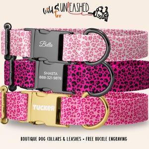 Pink Leopard Personalized Dog Collar, Custom Girl Dog Collar With Engraved Metal Buckle, Handmade Pet Collar With Optional Leash
